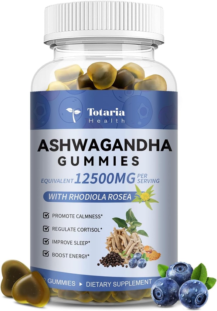 Totaria Sukker Gratis Ashwagandha Fyllte Gummies w/Vitamin D3, Magnesium Glycinate, Rhodiola, Ultra Styrke Ashwa Root Supplementer for kvinner & Wen, for avslapping, energi, Cortisol Gummies