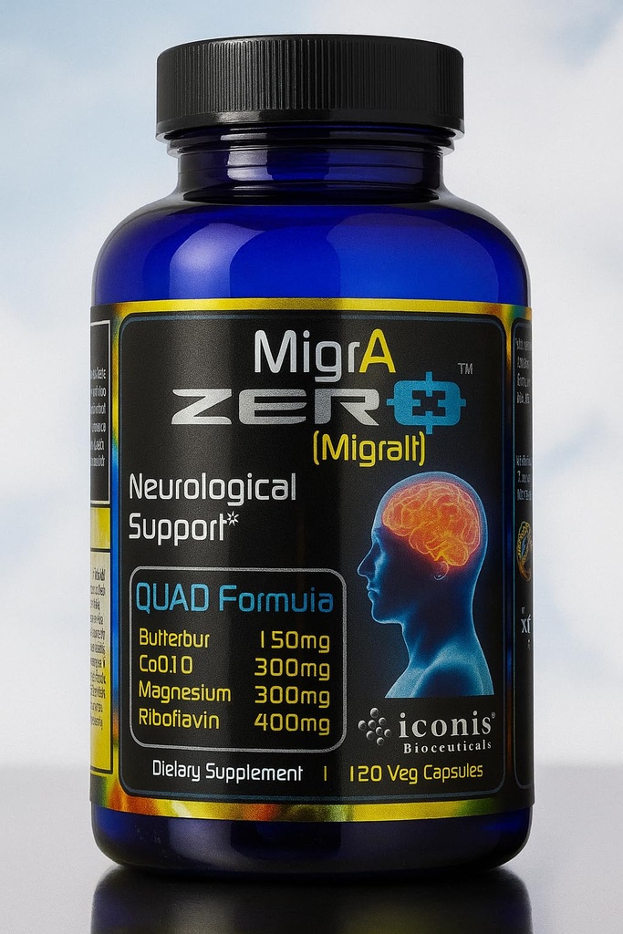 Migrain Relief, Quad-Formula med PA-fri smørerbur (150mg), CoQ10 (300mg), Magnesium Glykinat (300mg), High-Dose Riboflavin (400mg) - Migra Zero (120 Caps) Optimal dosering for Migraine Suffers
