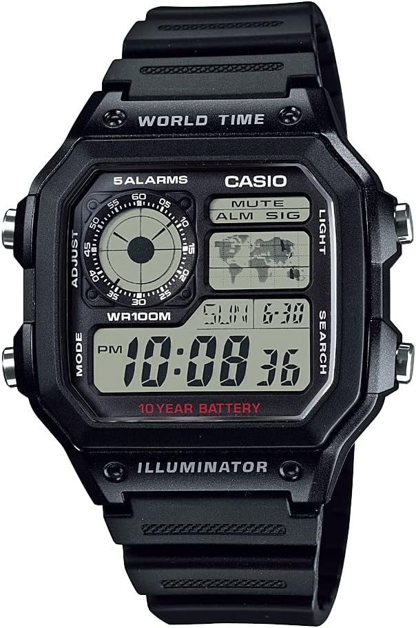 Casio AE1200WH Series | Mens digitale Klokke | 100M WR | Multi Alarms | 100 SEC Stopwatch | Nedtellingstimer | World Map for Verdenstid | LED lys | LC Analog skjerm | 10 år batteri
