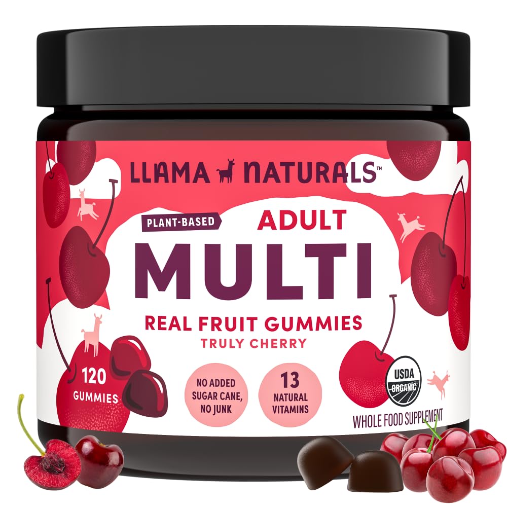 Llama Naturals Multivitamin for kvinner og menn, Vegan, organiske gummer med vitamin D, C og K, voksne ekte frukt gummy vitaminer, Chewable Multivitamin Supplement, Ingen lagt til sukkerrør, Cherry, 120 Ct