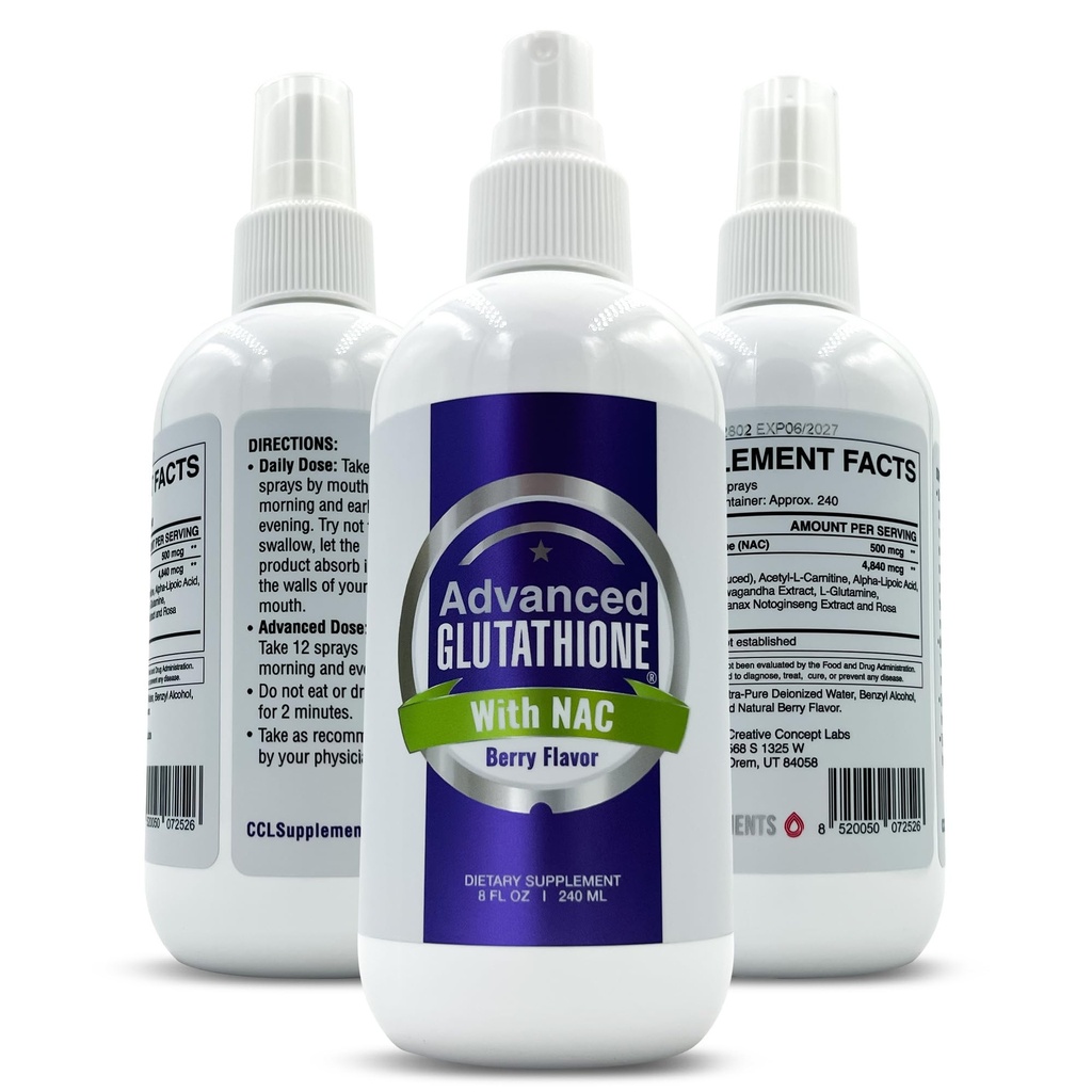 Væske Liposomal Glutathione Spray - Maksimal absorpsjon Glutathione Supplement med NAC, Ashwagandha, Glutamin, Askorbinsyre - Sublingual Easy Bruk - Immun & Detox Støtte - 8oz