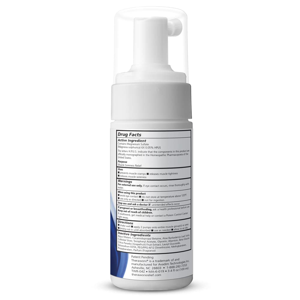 THERAWORX Relief Fast-Active Foam for ben og fot kramper og muskelsorg, 3.4oz reisestørrelse