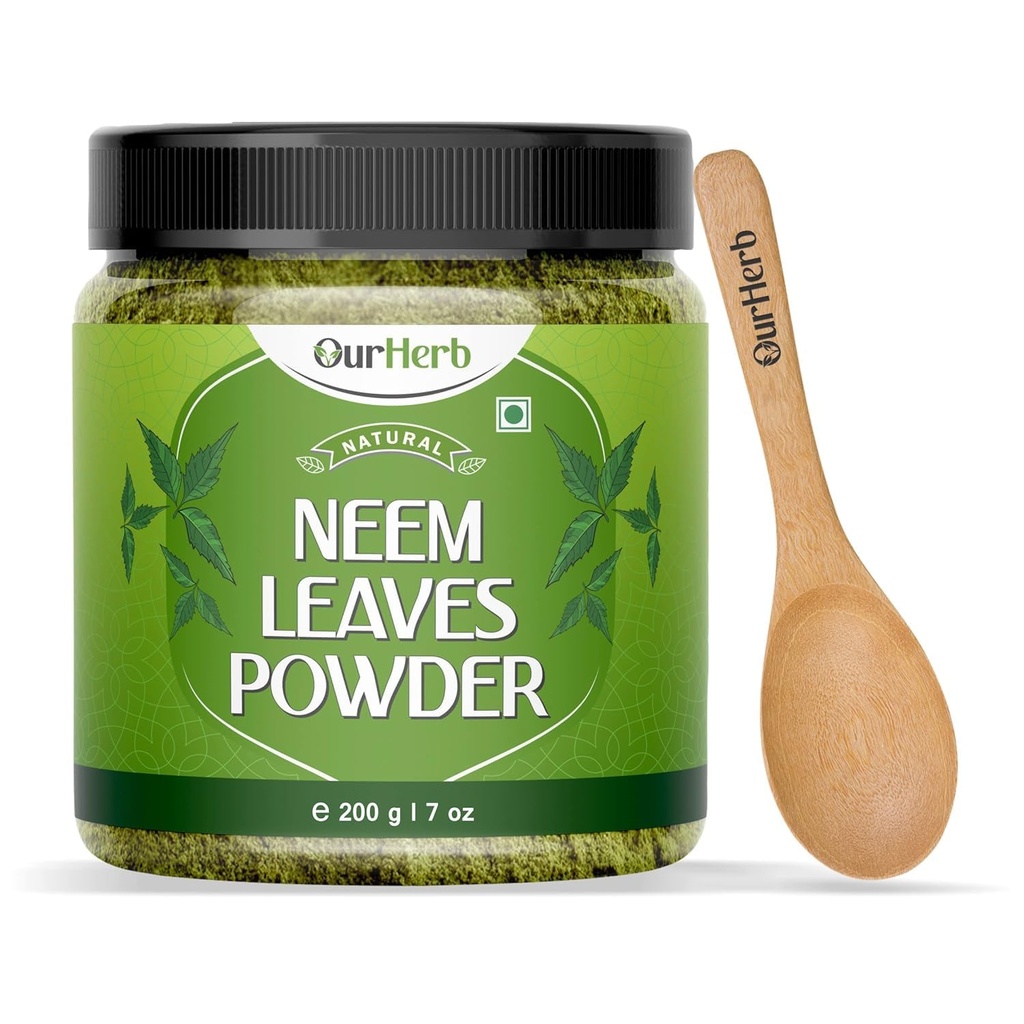 Ren Neem etterlater pulver naturlig løsning for Pimple-fri klar hud og silkehår, ideell for ansiktspakker, hårpleie og pigging støtte med Wooden Spoon – 200g | 7,04 Oz