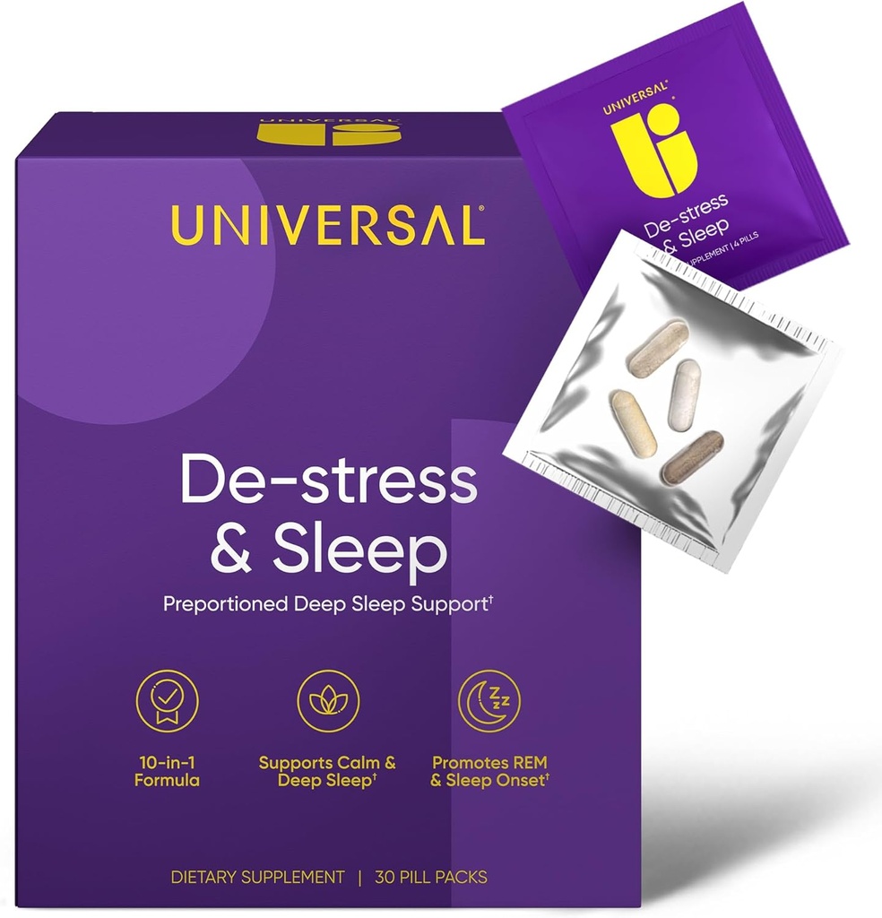 De-Stress & Sleep Supplement - 10-i-1 naturlig søvnhjelp for voksne, daglig multivitamin med magnesium, Melatonin, Ashwagandha, L Theanine, Valerian Root, sovepiller for menn og kvinner, 30 Pack