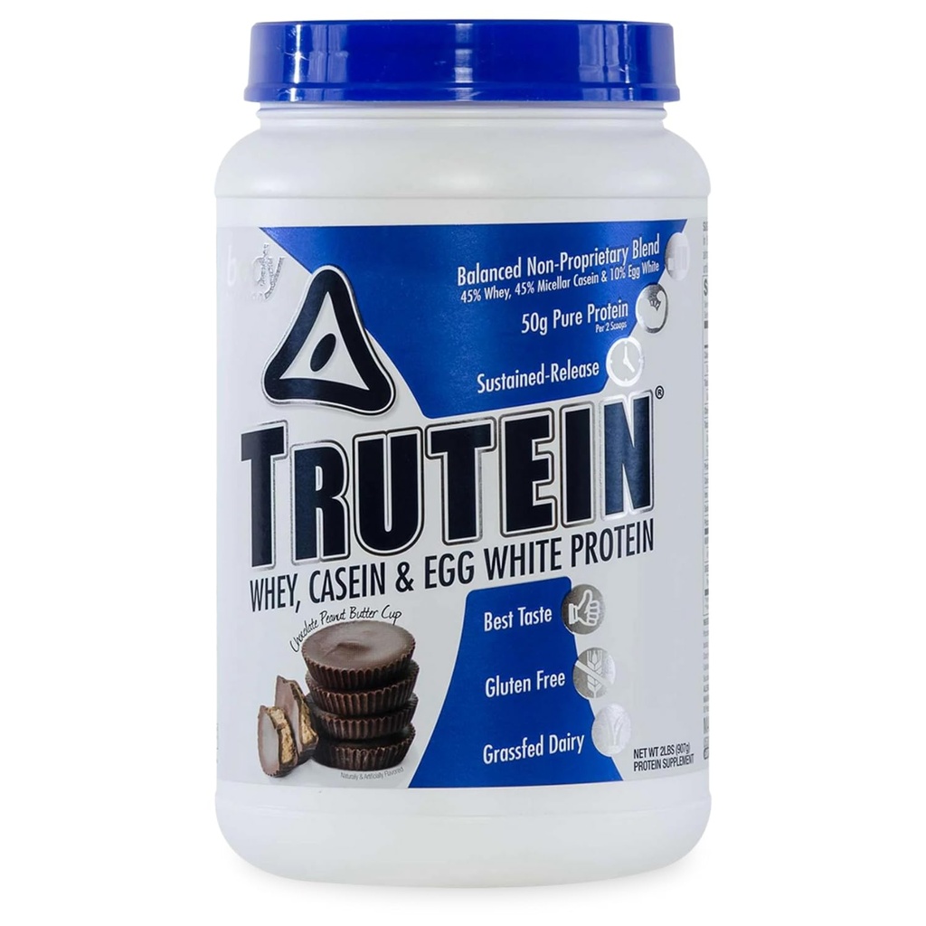 Body Nutrition Trutein High Protein pulver: 45% Whey, 45% Casein, 10% Egg Hvit, Glutenfri, Lav Natrium, Grass Fed Whey Protein pulver, Gym Supplement & Frokost Shake, Sjokolade Peanut smør, 2lb