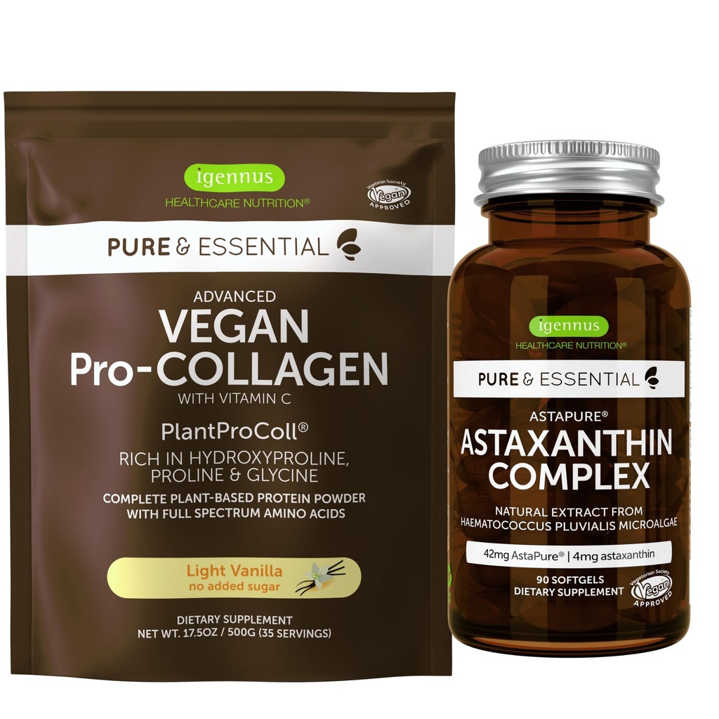 Vegan Vanilla Collagen Protein pulver + Astaxanthin kompleks Vegan Bundle, kollagen Boosting Formula + Naturlig 4 mg H. Pluvialis Astaxanthin for hår, hud og negler, av Igennus