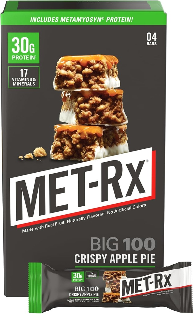 MET-Rx Big 100 Colossal Protein Bars, Crispy Apple Pie måltid erstatning barer, 4 greve
