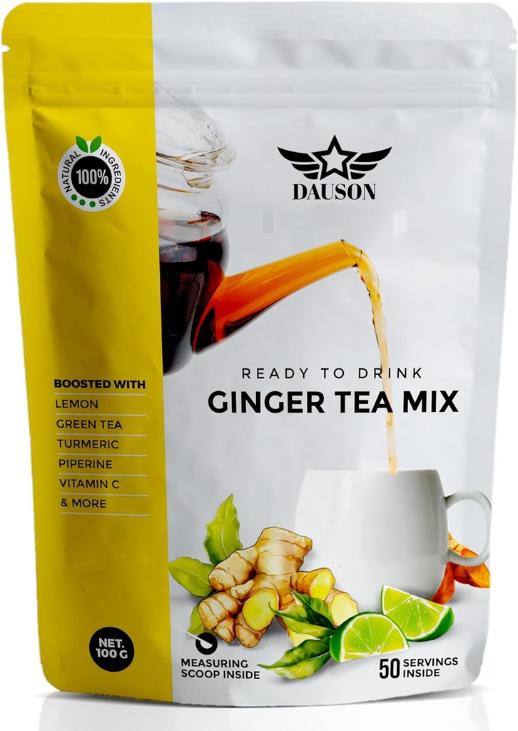 Ginger sitron herbal te pulver – forfriskende blanding med lakris, gurkemeie, decaf grønn te, vitamin C – koffeinfri, vegansk, gut-vennlig detox te – 50 serveringer