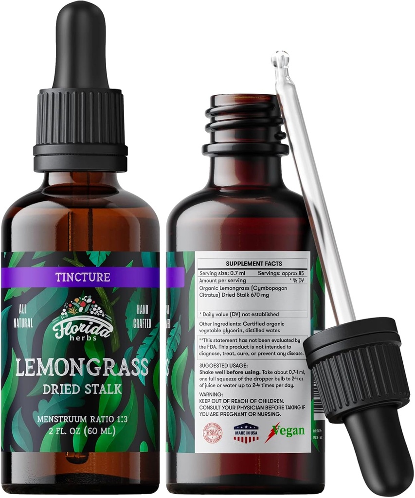 Lemongrass tinktur, organisk sitrongrasekstrakt (Cymbopogon Citratus) Herbal Supplement, ikke-GMO i kaldtpresset organisk grønnsaker glyserin, 700 mg, 2 oz (60 ml)