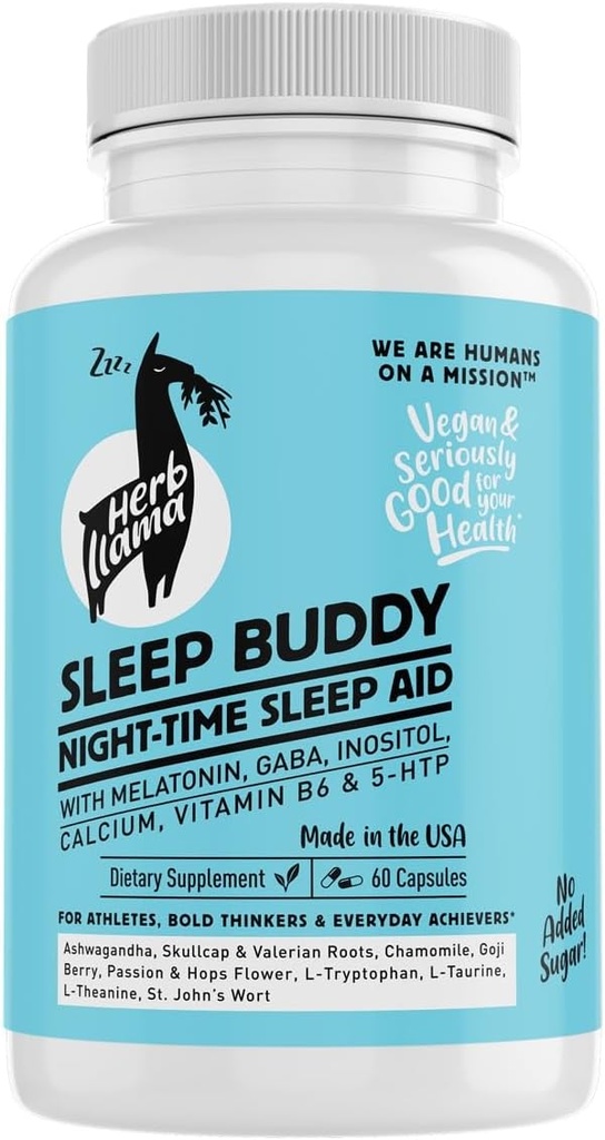 Sleep Buddy Natttids søvnhjelp – Veganske kapsler med melatonin, GABA, L-Tryptophan, Ashwagandha & Lemon Balm – Non-Habit Forming, Plantebasert søvnstøtte – 60 Count (30 Serveringer)