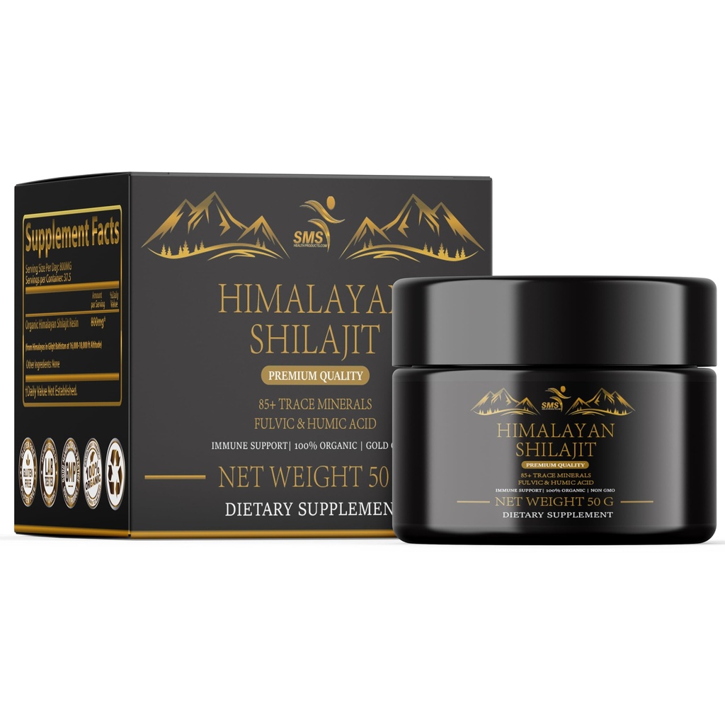 Shilajit ren Himalayan Shilajit Resin - Gullklasse 100% ren Shilajit med Fulvic Acid & 85+ Trace Minerals Complex for energi og immunstøtte - 50g