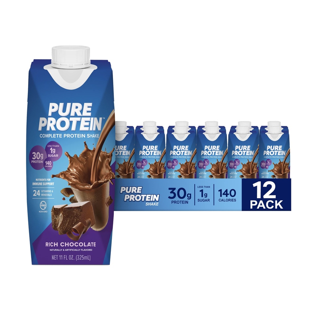 Pure Protein Chokolade Protein Shake, 30g Complete Protein, Klar til å drikke og keto-vennlig, Vitaminer A, C, D og E pluss sink å støtte immunhelse, 11oz flasker, 12 Pack