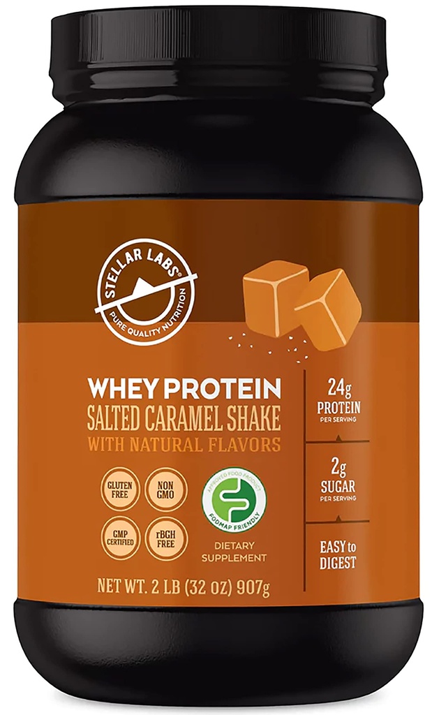 Stellar Labs Whey Protein pulver med BCAA's & Whey Isolate | Certified Lav FODMAP, Ikke GMO, Glutenfri, Soya Free, Lav carb, Keto, med Stevia | Alle naturlige Lean Post Trening rister | Saltet karamell