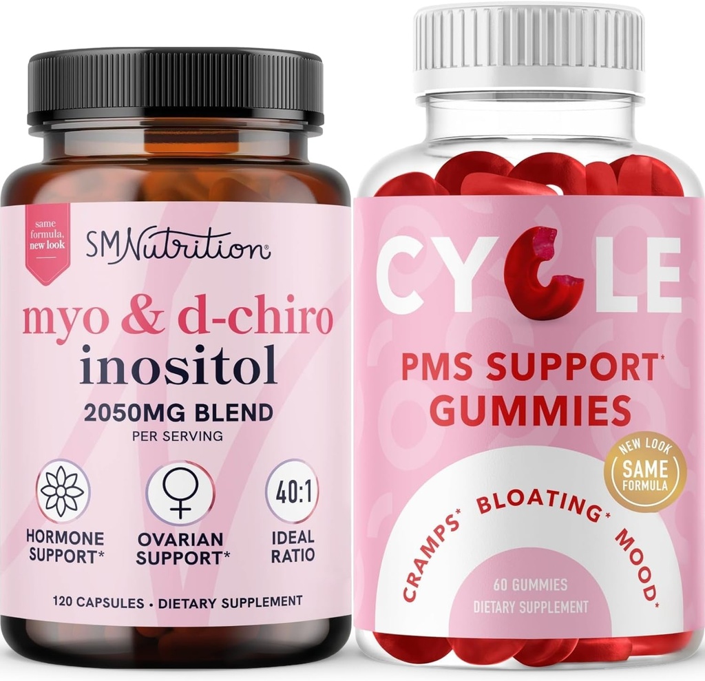 SMNutrition PMS støtte Gummies & Myo-Inositol & D-Chiro Inositol  Hormone Hormon Balancing Bundle med 40:1 Ratio Inositol Supplement (30 Serveringer) og Herbalsyklus støtte Gummies for kvinner (30 Serveringer)