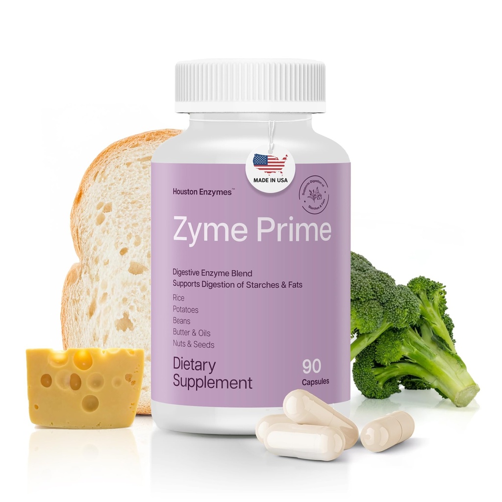 Houston Enzymes - Zyme Prime - 90 Kapsler - Digestive Enzymer kvinner & menn Enzyme, Digestion for karbohydrater, fett og proteinnedbrytning, Hjelper Intoleranser, Bloating & Gas, Digestiv helse Supplement