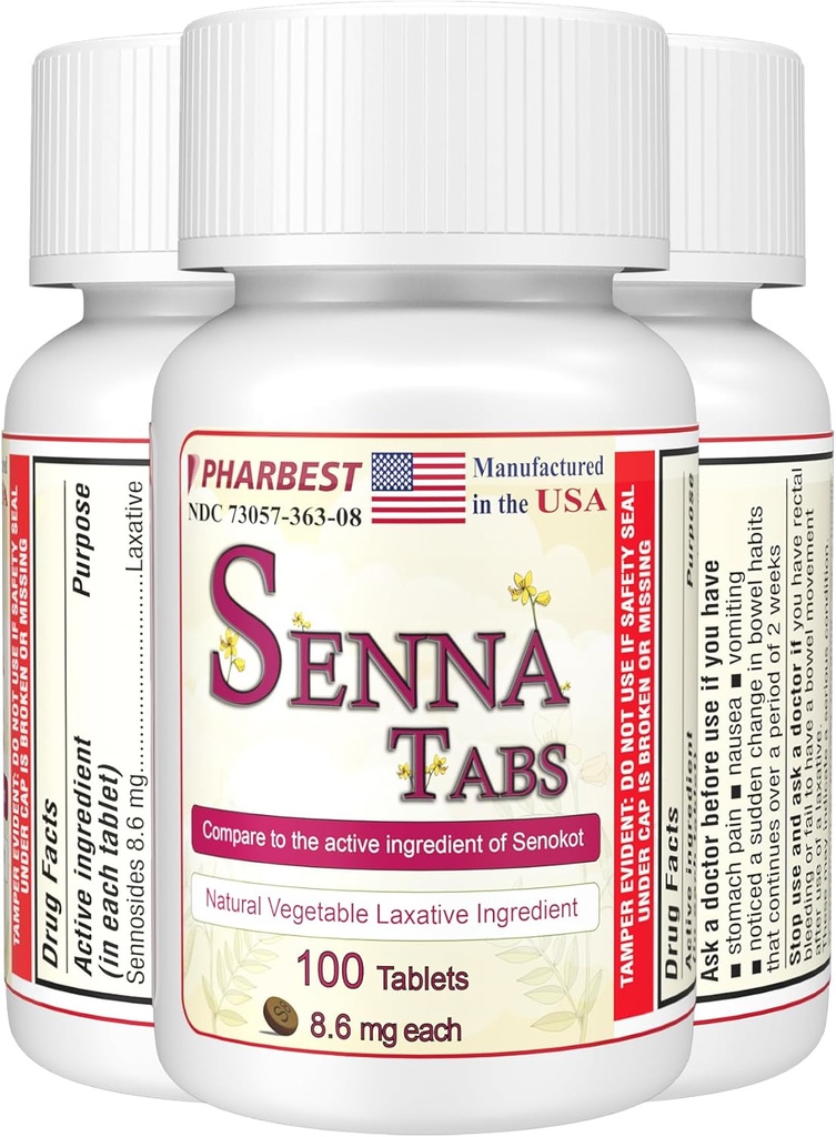 Senna-tabletter 100 Ct. | Naturlig grønnsak Laxativ [Made i USA] | Laxativer for galaktose, Colon Cleanser, Detox Cleanse, lindring for voksne barn 8,6 mg, Stool Softener Plus (1 flaske)
