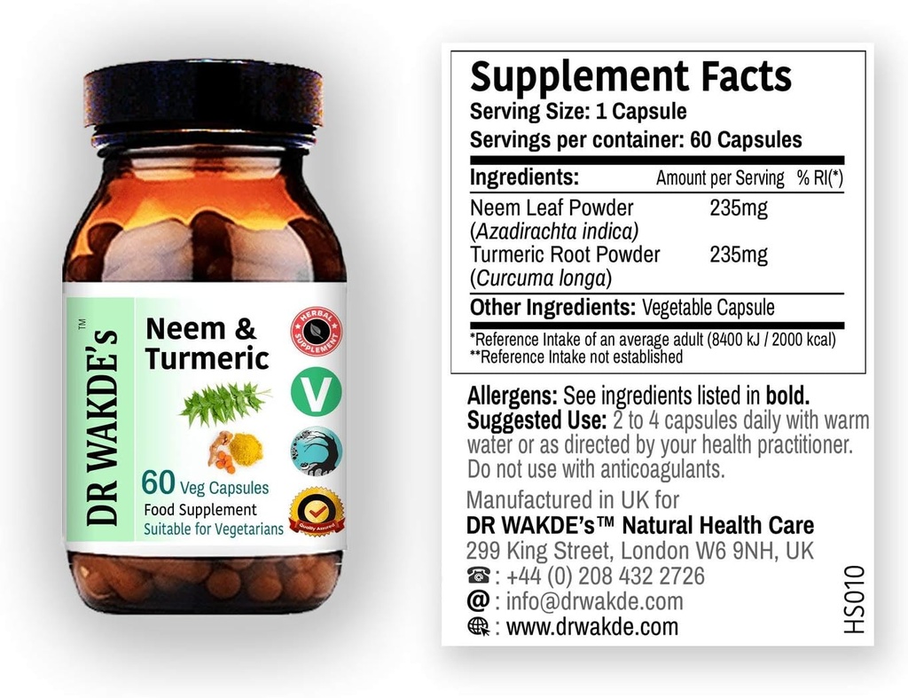 DR WAKDEs Neem & Turmeric Capsules | 60 Veg Caps | Ayurvedic Supplement | Vegansk | 100% Herbal | Antall Rabatter | Same dag Dispatch