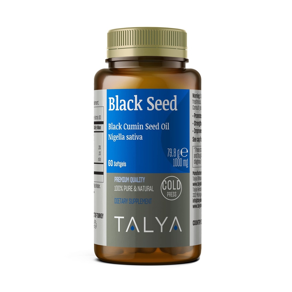 TALYA Black Seed Oil Softgel med høy thymoquinon - Immunstøtte - Digestiv helse - Hjernefunksjon - Felles mobilitet - Kaldpresset fra ikke-GMO tyrkisk svart cumin Nigella Sativa frø