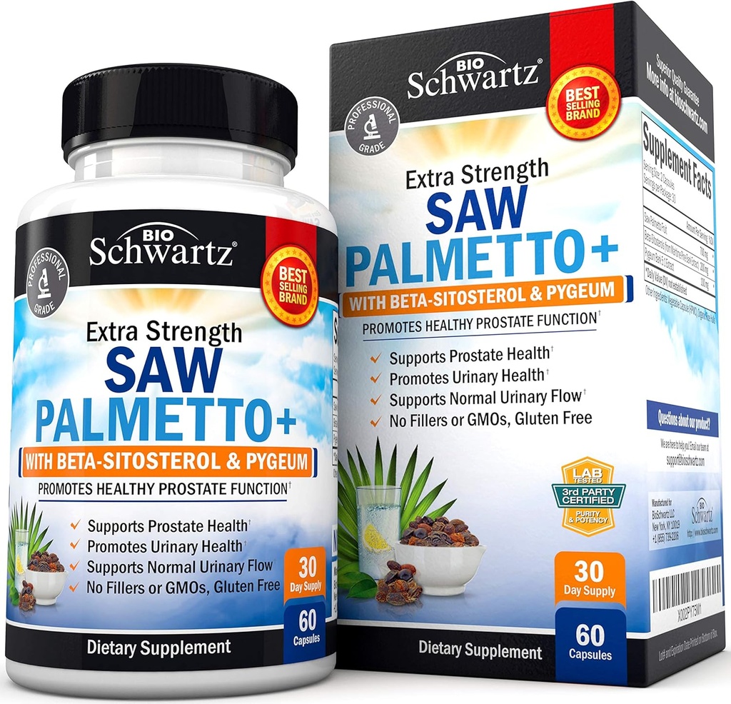 Saw Palmetto for menn med Pygeum Bark Extract og Beta-Sitosterol - støtter prostata helse og sunn prostata funksjon - fremmer urinhelse og normal urinstrøm - ikke GMO Glutenfri 60 Ct