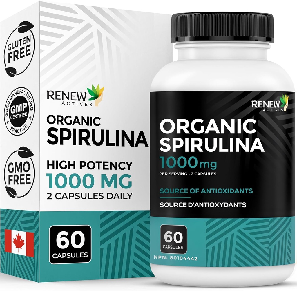 Forny Actives Organic Spirulina 1000MG per 2 Kapsler – Supermat for menn og kvinner – støtter energi, velvære og immunfunksjon – rik på antioksidanter og næringsstoffer – laget i Canada – 60 Kapsler