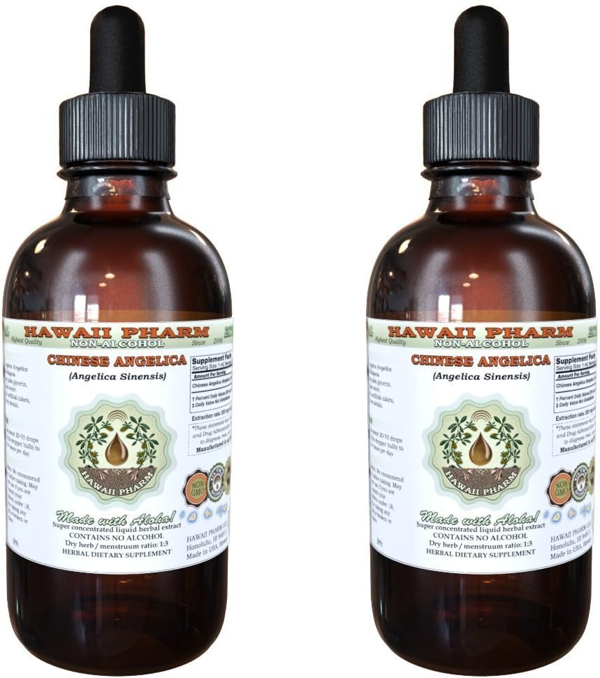 Angelica kinesisk alkohol-fri flytende ekstrakt, organisk Angelica (Angelica Sinensis) tørket rot glykeritt Hawaii Pharm Naturlig Herbal Supplement 2x2 oz