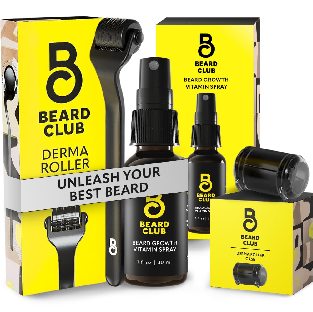 Beard Club Premium Derma Roller & Biotin Beard Vekst Vitamin Spray - Microneedle Roller for menn og kvinner med 540 Titanium Microneedles - Beard Roller & Beard Olje for ansikt, kropp og Scalp