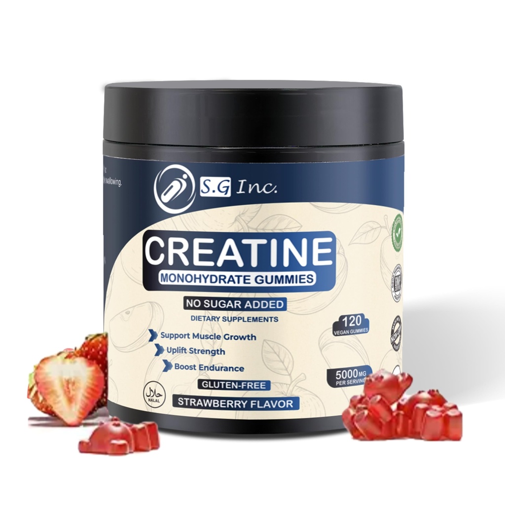 S.G Kreatin Monohydrat Gummies for menn og kvinner ‒ sukker gratis - vegansk - 5g Kreatin for muskel støtte ‒ Pre-Work ut Chewable kosttilskudd for energi Boost ‒ Strawberry Flavored 120ct gummies.