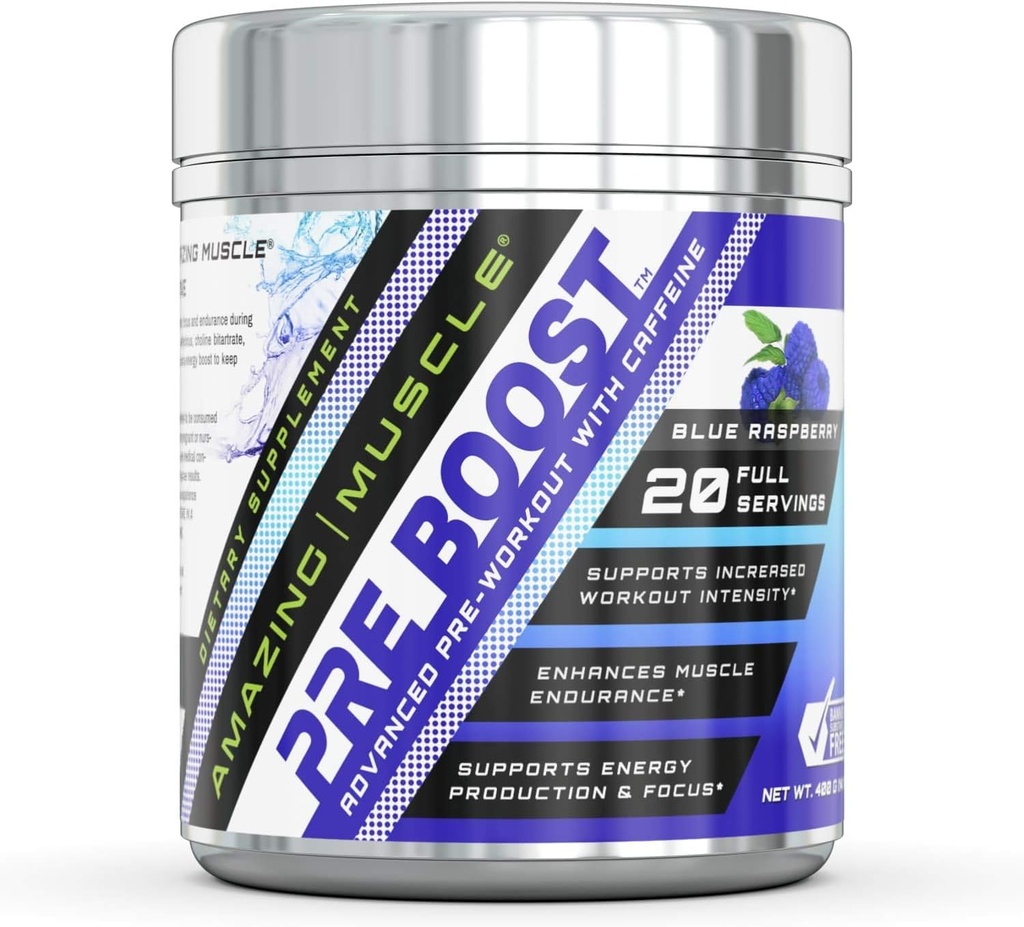 Amazing Muskel Pre Boost formel med koffein Supplement | 20 serveringer per beholder | Blå bringebær flavor