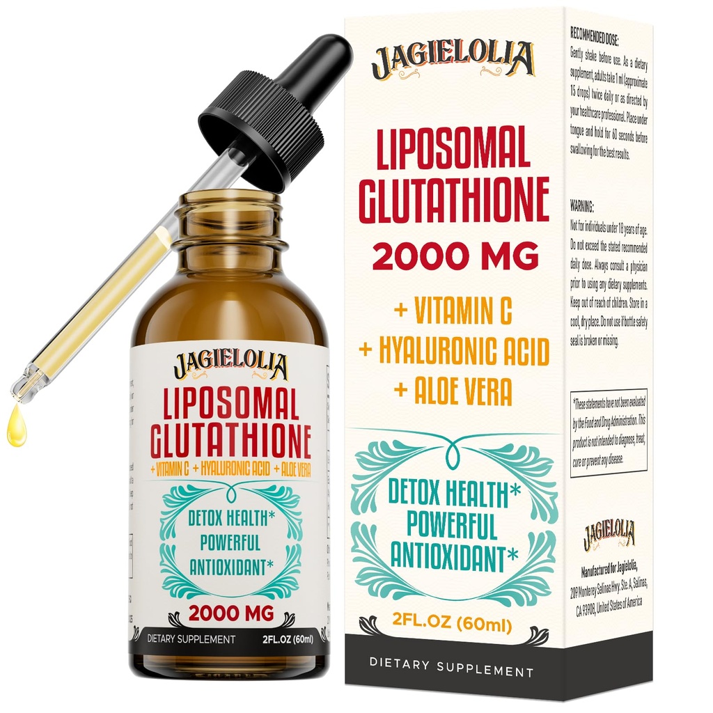 Liposomal Glutathione flytende 2000MG - Antioksidant Detox Supplement for kvinner og menn, Aging Defense, Leverfunksjon og energi, med Hyaluronsyre + Aloe Vera + Vitamin C, Naturlig & Vegan, 2 FL.OZ