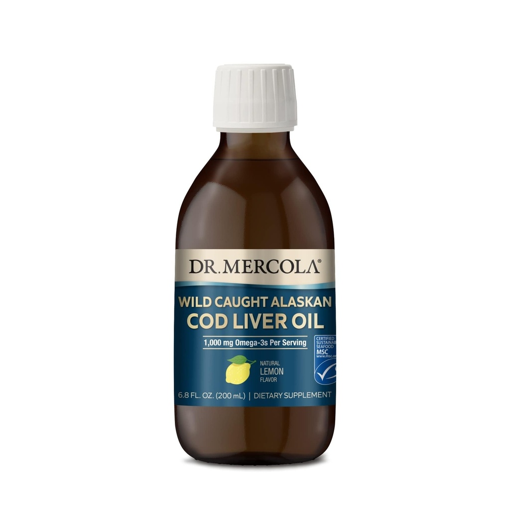 Dr. Mercola Wild Caught Alaskan Cod Liver Oil, 6,8 Fl. Oz. (200 ml), 40 Serveringer, 1000 mg Omega-3s Per Serving, Dietary Supplement, støtter hjernen og kognitiv funksjon, ikke-GMO, MSC sertifisert