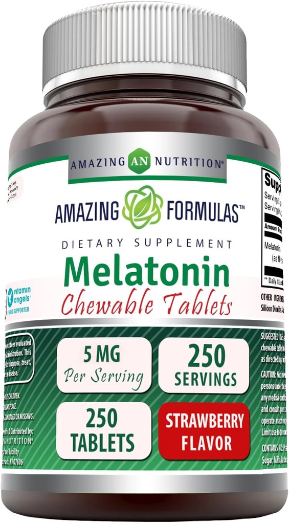 Amazing Formler Melatonin Chewable Supplement | 5 Mg Per Serving | 250 Tabletter | Ikke-GMO | Glutenfri | Laget i USA (Strawberry Flavor)