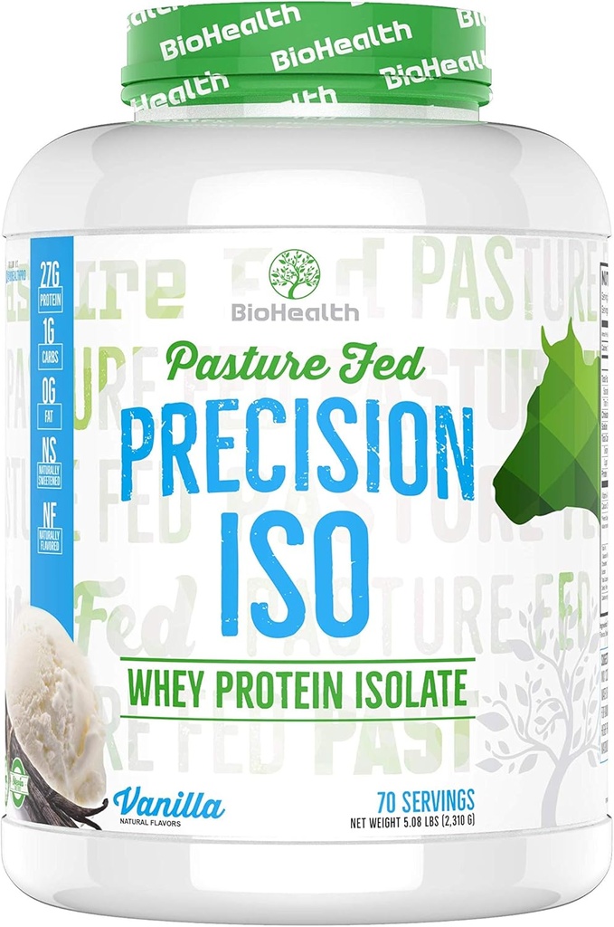 BioHealth Ernæring Precision ISO Vanilla (5lb) | 27g Premium Pastur Fed Whey Protein Isolate + Aminosyrer | 70 Serveringer | Null sukker | GMO Free