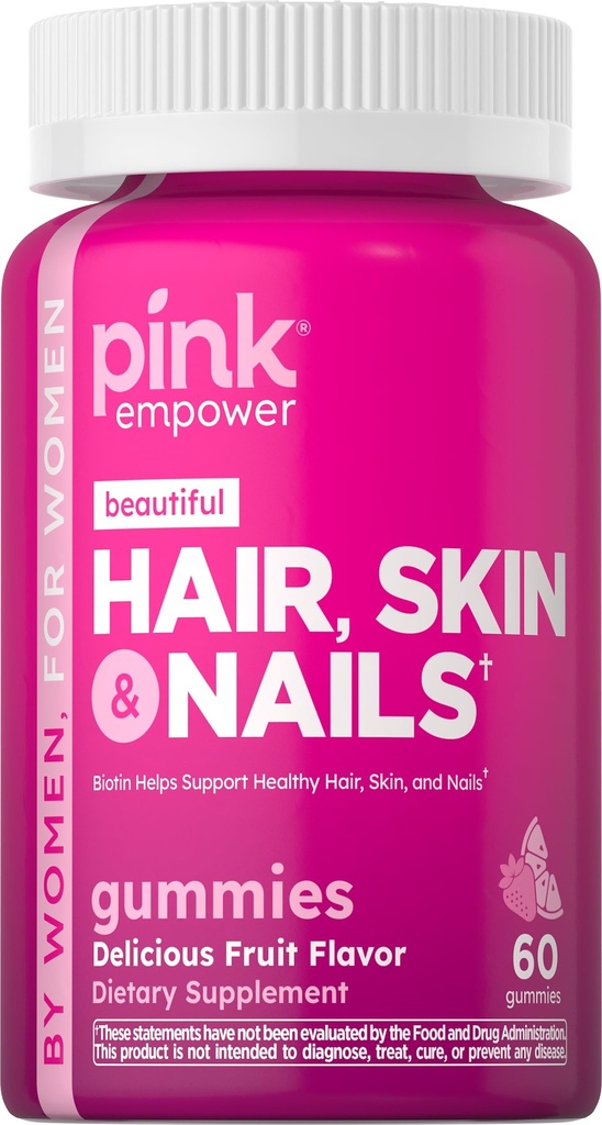 PINK Håret Nagler Gummies | 60 greve | Plus kollagen & Biotin | Ikke-GMO & Glutenfri vitaminer for kvinner | Strawberry Flavor