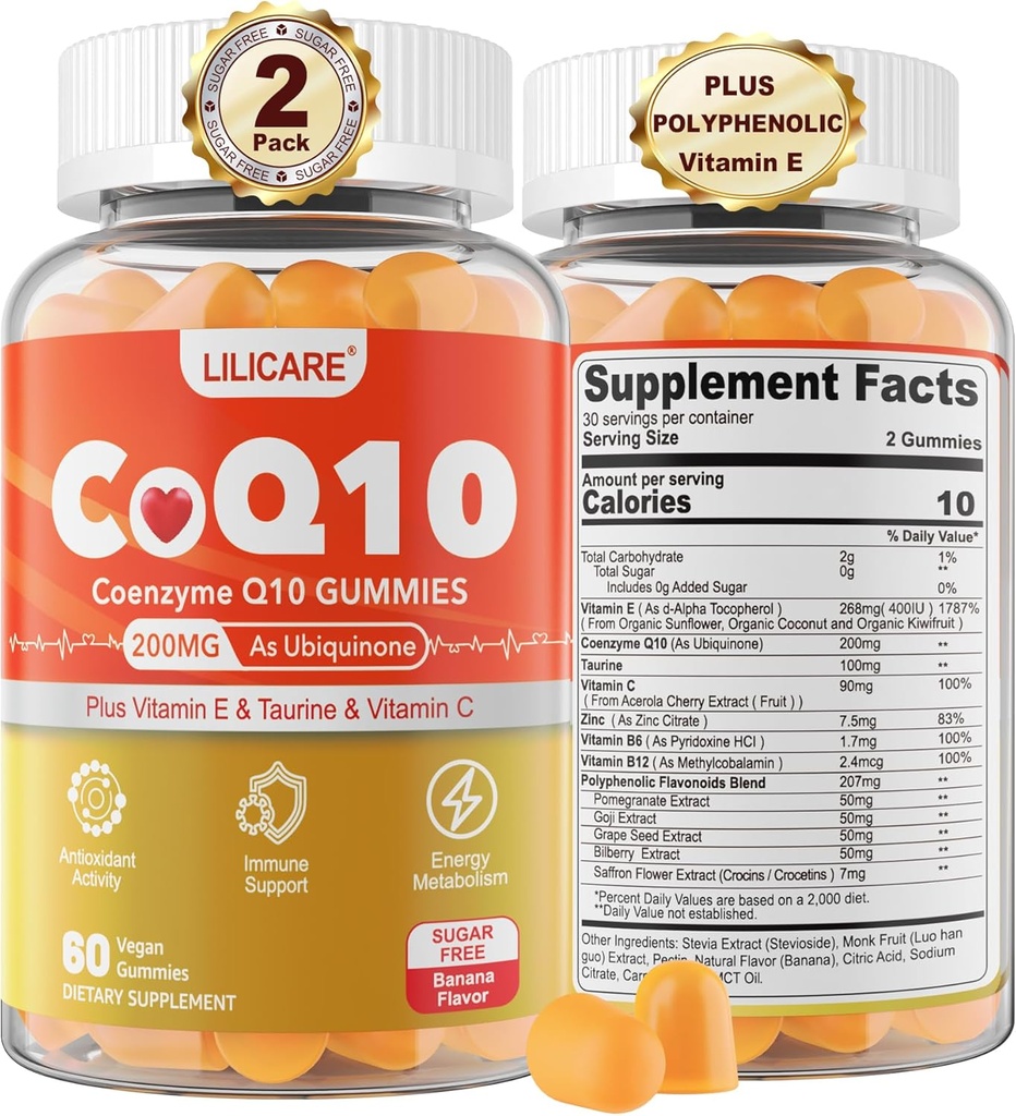 Sukkerfri CoQ10 200mg Gummies - Coenzym Q10 w / Taurin, Vitamin E, C, B6, B12, Sink - høy absorpsjon CoQ10 Supplement for antioksidant, Cellular energi & Hear-t Helse, Vegan 120 C