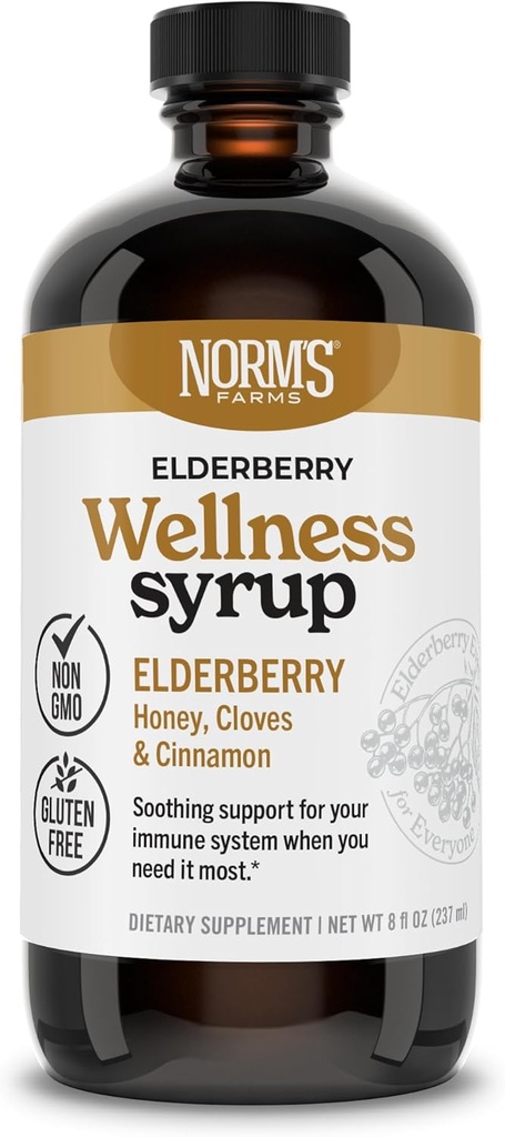Norm's Farms wellness Black Elderberry Syrup med honning, kanel og klover - laget i USA, naturlig immunstøtte, ingen alkohol eller fyllstoffer, glutenfri, ikke-GMO, Vegan, ren eldrebær Juice Syrup - 8 Oz