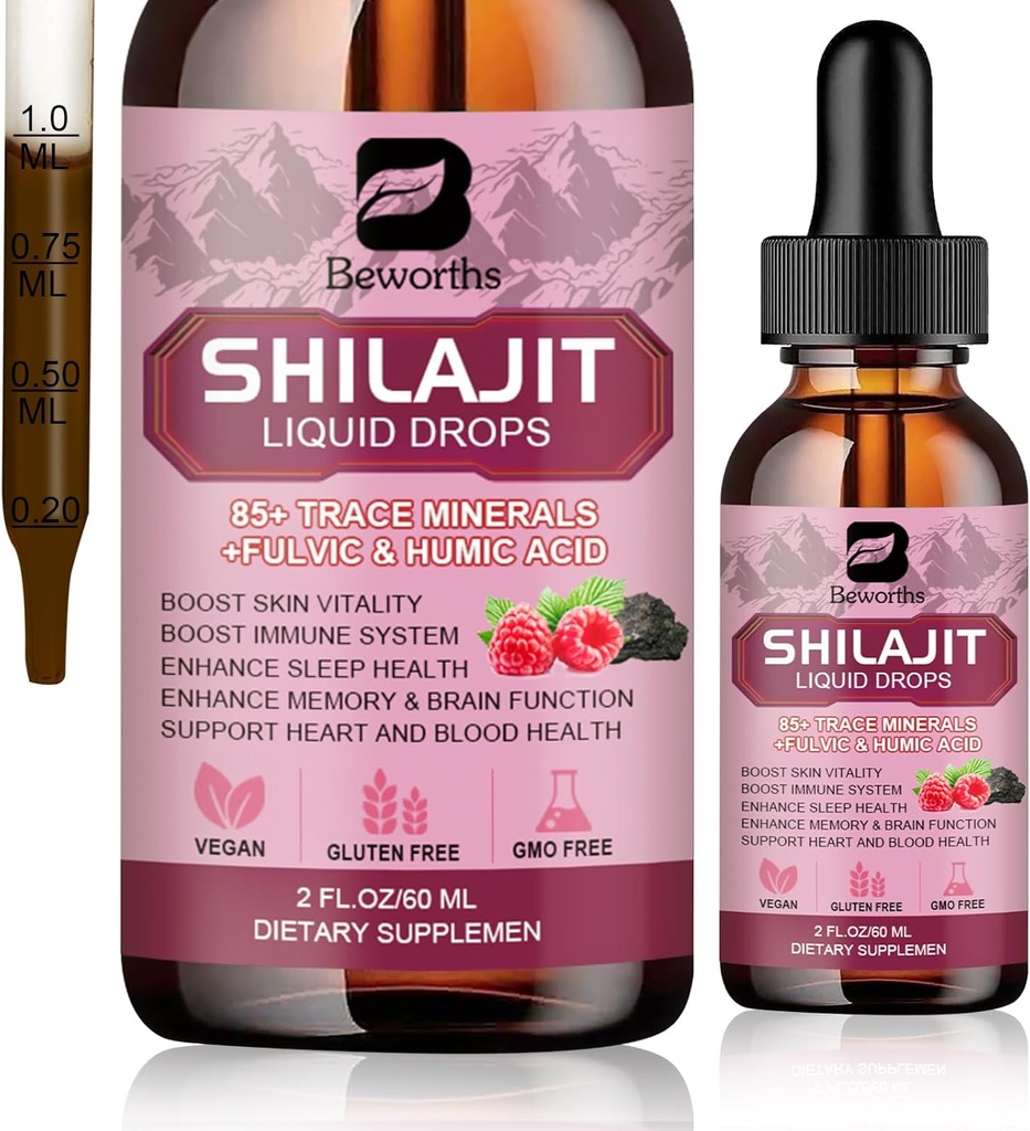 Shilajit Resin Liquid Drops ® Organic Shilajit 85+ Trace Minerals Complex med Ashwagandha, Turmeric, Ginseng, Chaga Supplement for Digestions Support, Energi Booster - Vegan