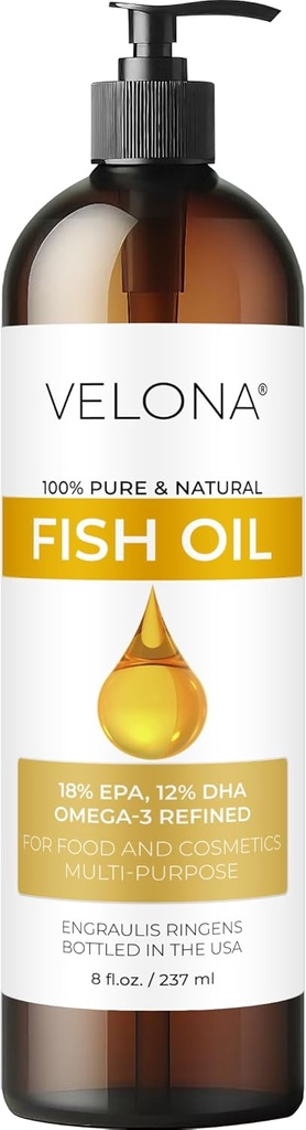 Fiske Omega-3 Olje av Velona - 8 Fl Oz | 100% ren og naturlig Carrier Olje | Refinert | Vitamin E, D, Omega-3 | Matlaging, hud, ansikt, kropp, hårpleie | Bruk i dag - Nyt resultatene