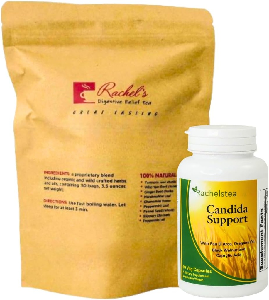 Rachels te og candida støtte: 30 dagers forsyning Turmeric, Wild Yam, Ginger, Peppermynte, Fennel, Slippery Elm + Candida støttekapsler