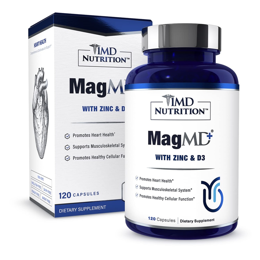 1MD Ernæring MagMD Plus - Magnesium med sink & D3 | Fremmer hjertehelse, støtter bein & muskelstyrke, og hjelper immunsystem - 120 Ct