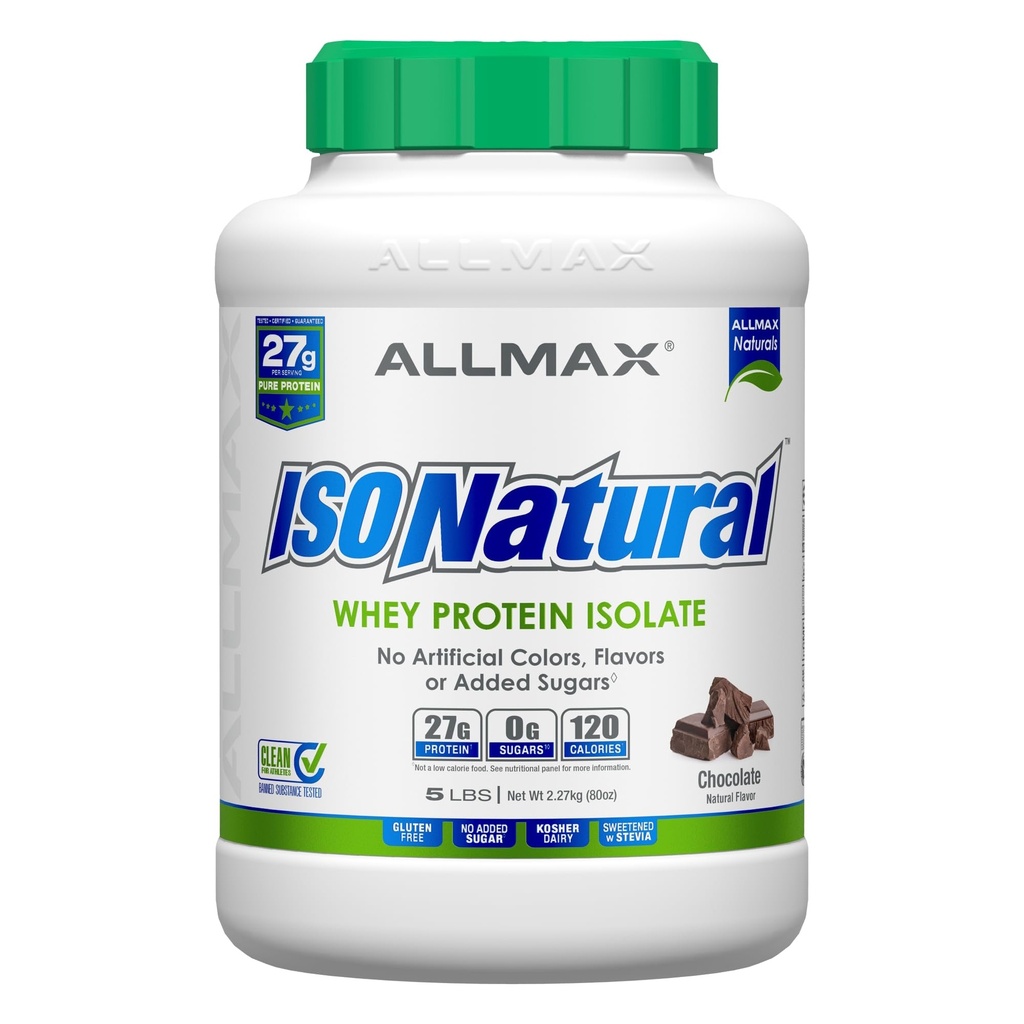 ALLMAX ISONATURAL Whey Protein Isolate, Sjokolade - 5 lb - 27 gram Protein Per Scoop - Null Fett & Sukker - 99% Laktose Gratis - med Prebiotika - Ingen kunstige Flavors - Ca. 73 Serveringer