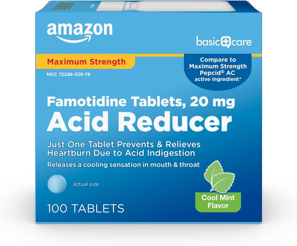 Basic Care Famotidine 20mg kule mint tabletter, 100 greve, hvit