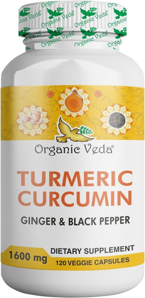 Organic Veda Turmeric og Ginger Capsules 120 piller - Økologisk Turmeric Curcumin med svart pepper for felles støtte - Ikke GMO, Glutenfri, Turmeric og Ginger Supplement (95% curcuminoids)
