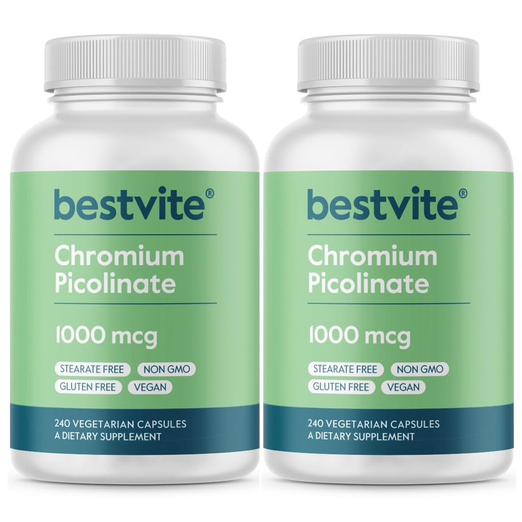BESTVITE krom Picolinat 1000mcg (480 vegetariske kapsler) (240 x 2) - Ingen stearates - Ingen dikalciumfosfat - Vegan - Glutenfri - Ikke-GMO