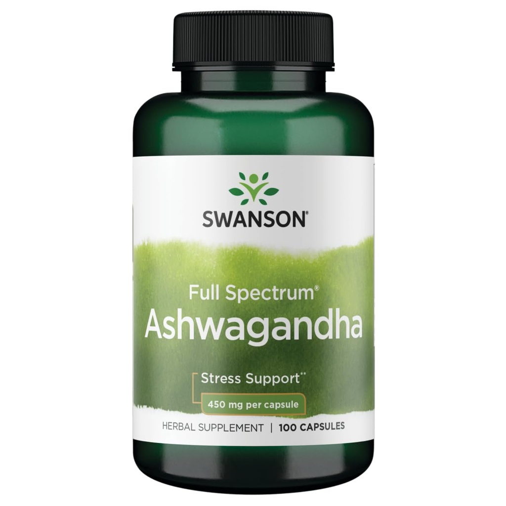 Swanson Ashwagandha pulver Supplement - Ashwagandha Root & Aerial deler - fremmer stress relief & energi - Ayurvedic Supplement for naturlig velvære (100 kapsler, 450 mg hver)