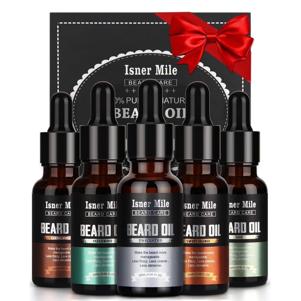 ISNER MILE Skjegg Olje Kit for menn balsam: Cedarwood Sandalwood Sage Orange Unscented, Mustaches Soften Moisturizing, Valentines Gaver til Ham Ektemann, Fars fødselsdagsgaver til far Menn Kjæreste