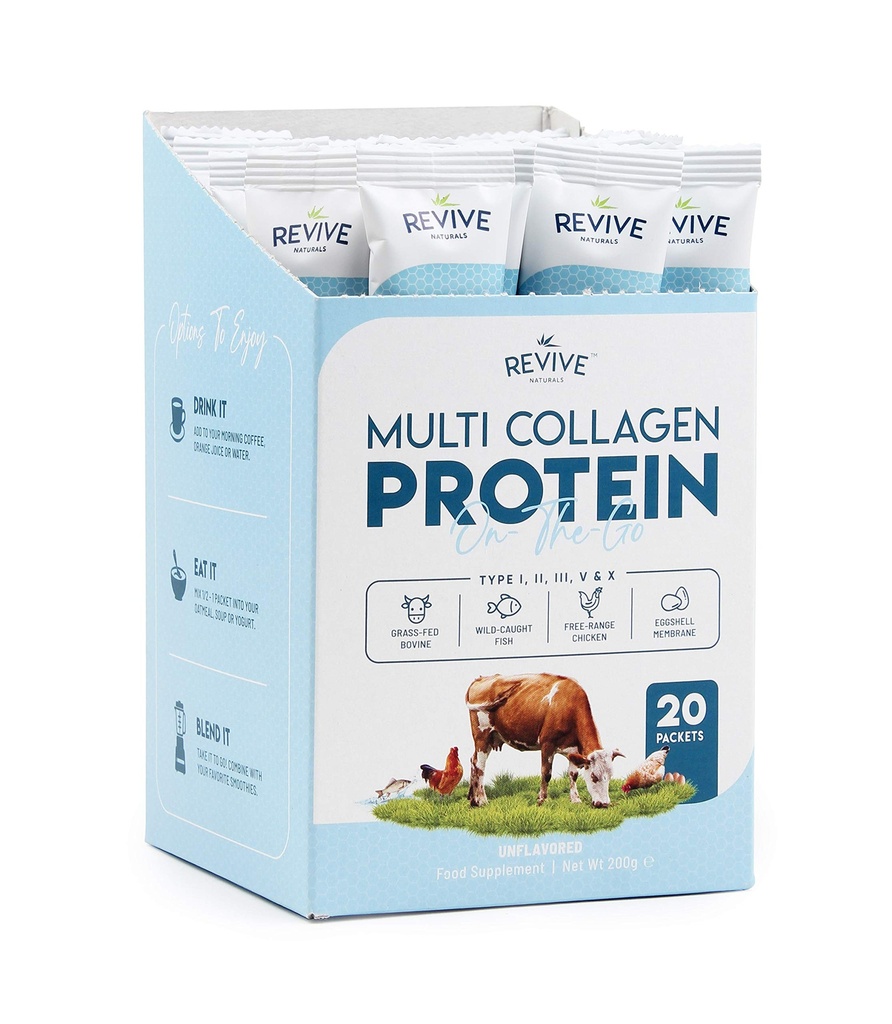 Multikollagen Protein Powder Packets - Typer I, II, III, V & X - Hydrolysert Gras Fed Bovine, Wild Fanget Fisk, & Free-Range Kylling & Eggshell Collage. Ikke-GMO, Halal, (10g Hver, 20 Pakninger)