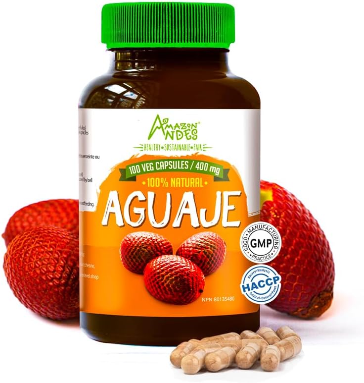 Andes Aguaje Capsules - Kvinnelig helsestøtte og hormonbalanse - Wild Harvested i Peru og bærekraftig kildet - Ikke GMO, rettferdig handlet og glutenfri - Buriti 100 Vegan piller (400mg)