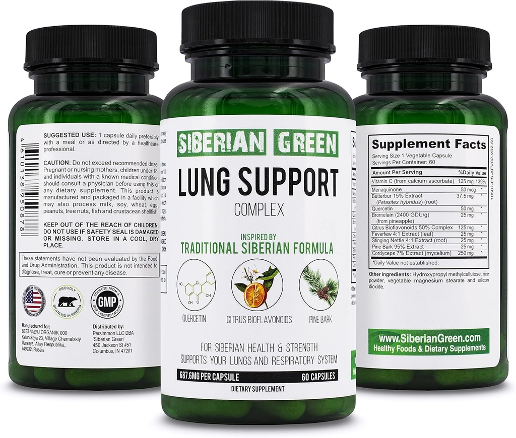 Sibir Grønn Lung Støtte Complex 60 kapsler - Tradisjonell formel Supplement Rich i Quercetin, Citrus Bioflavonoids, Pine Bark