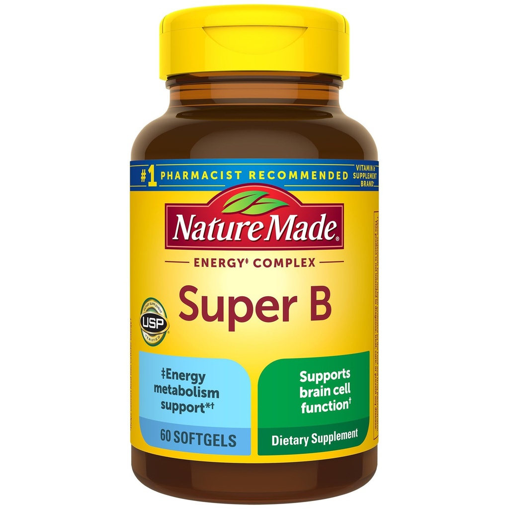Natur laget Super B kompleks vitaminer for kvinner og menn, kosttilskudd for energimetabolisme støtte, Super Vitamin B kompleks, 60 Softgels, 60 dagers forsyning