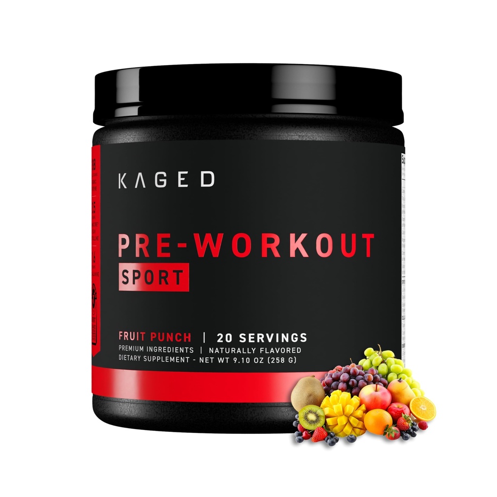 Kaged Sport Pre Trening pulver for menn og kvinner, Fruit Punch, Sportssertifisert, 188mg Koffein, Nitric Oxid Supplement, Beta Alanine for energi, Vektløfting, Cardio Endurance & Styrke, 20 Serveringer